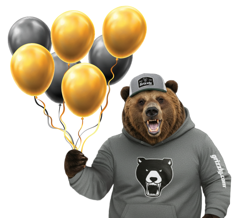 a grizzly bear holding balloons